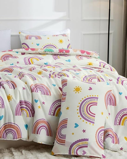 Btargot Lightweight Soft 3 Piece Rainbow Comforter Set with 2 Pillow Covers, Cartoon Love Hearts Suns and Stars Bedding Set for Girls Boys Kids, Queen Purple - LeafyLoom