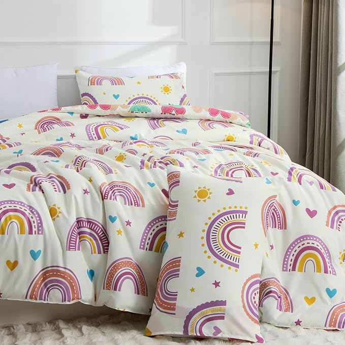 Btargot Lightweight Soft 3 Piece Rainbow Comforter Set with 2 Pillow Covers, Cartoon Love Hearts Suns and Stars Bedding Set for Girls Boys Kids, Full Purple - LeafyLoom