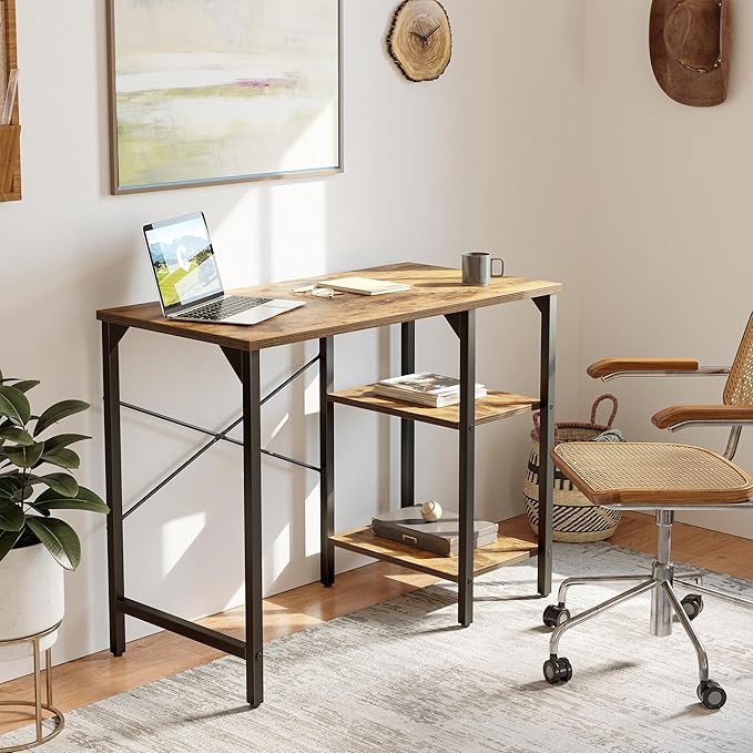 CubiCubi Small Computer Desk, 35 Inch Home Office Desk with 2 Storage Shelves on Left or Right Side, Study Writing Desk with Storage Board, Rustic Brown - LeafyLoom