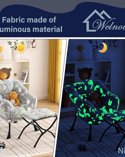 Welnow Toddler Kids Lazy Chair with Ottoman, Glow in The Dark Accent Comfy Lounge Children Armchair Couch with Removable Cover, Detachable Reading Chair with Footrest for Boy or Girl, Grey Dinosaur - LeafyLoom