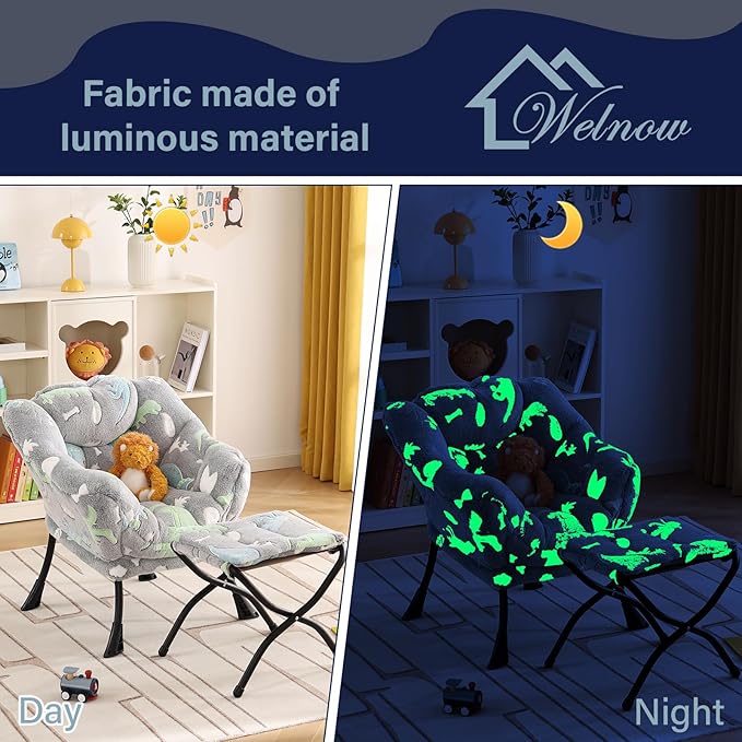 Welnow Toddler Kids Lazy Chair with Ottoman, Glow in The Dark Accent Comfy Lounge Children Armchair Couch with Removable Cover, Detachable Reading Chair with Footrest for Boy or Girl, Grey Dinosaur - LeafyLoom