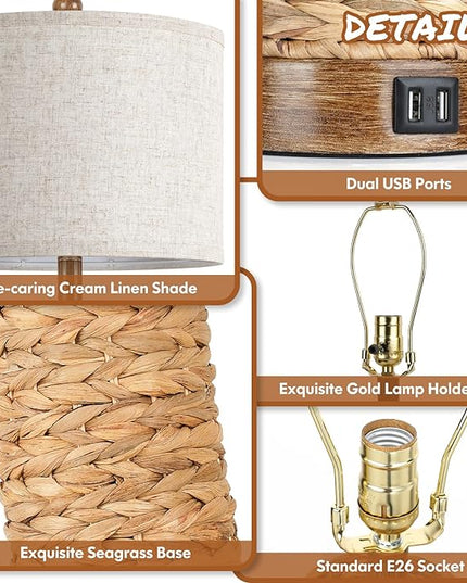 Set of 2 Rattan Table Lamps for Living Room with 2 USB Ports, 27in Tall Bedroom Lamp Costal Farmhouse, Rustic Woven Seagrass Bedside Nightstand Lamps for End Table, E26 Socket&Rotary Switch, No Bulb - LeafyLoom