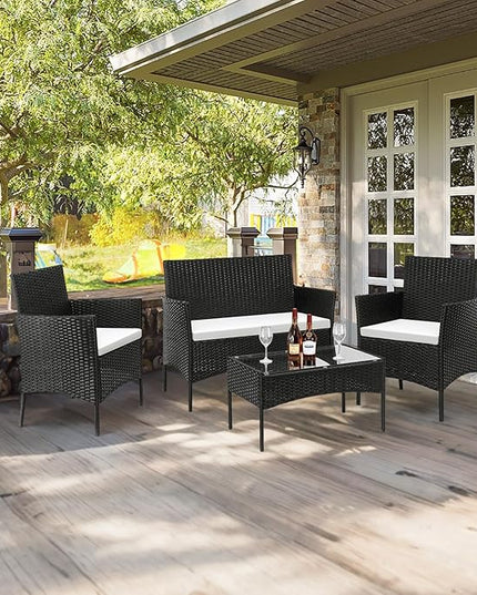 Outvita 4 Pieces Patio Furniture Set, Rattan Conversation Sets with Loveseat Soft Cushion and Glass Table for Garden Backyard Balcony Porch Poolside(Black) - LeafyLoom