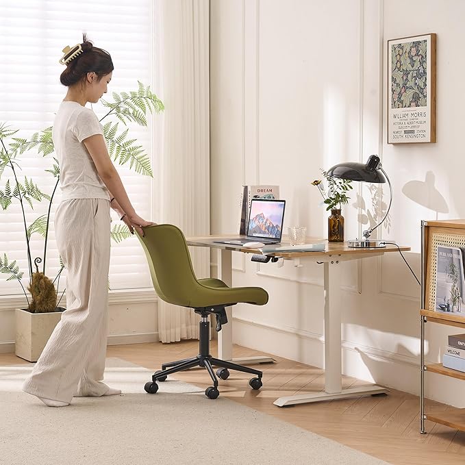 YOUNIKE Armless Office Chair Swivel Desk Chair with Wheels Upholstered Leather Task Computer Chair Adjustable Modern Rolling Gaming Chair Avocado Green Vanity Chair - LeafyLoom