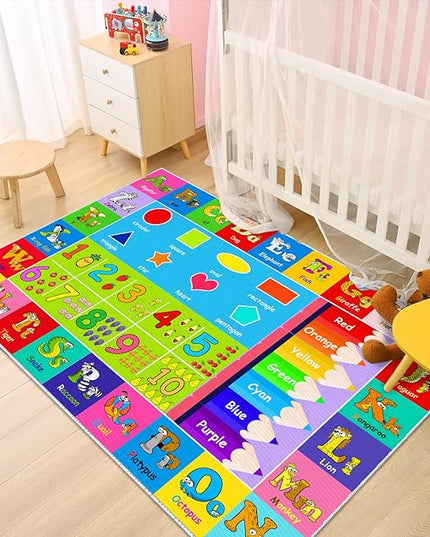 Kids Alphabet Play Game Rug - 2' 7" x 4' ABC Numbers and Shapes Educational Learning Toddler Carpet - Kids Room Playroom Classroom Kindergarten Activity Fun Soft Non-Slip Mat - LeafyLoom