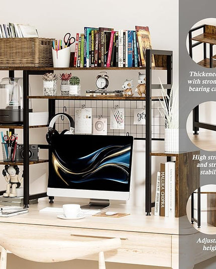Computer Desktop Bookshelf Countertop Hutch Display Shelf Desktop Hutch Storage Organizer 2-Tier Multipurpose Wood Bookcase for Computer Desk for Home Office Study Room Bedroom - LeafyLoom