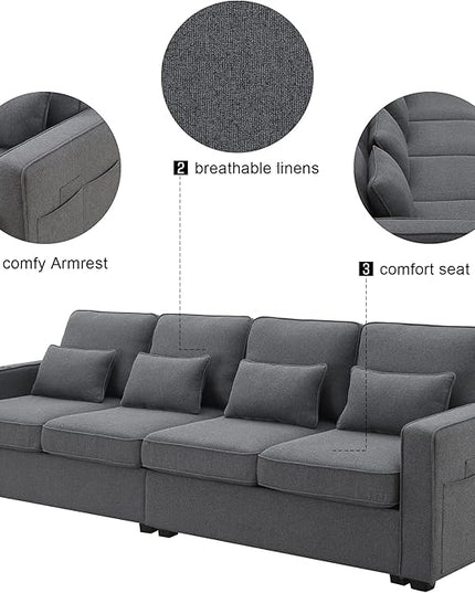 Modern Linen Fabric Sectional Sofa with Armrest Pockets and 4 Pillows, Deep Thick Cushion, Minimalist Upholstered 4-Seat Comfy Couch for Living Room, Apartment, Office, 104inch, Dark Grey - LeafyLoom