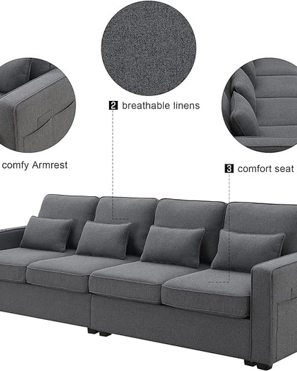 Sectional Living Room,Minimalist I Shape Couch,Compact Linen Fabric Modular Upholstered Sofa with Armrest Pocket and Removable Cushions,4 Pillow, 104" (4 Seater), Grey - LeafyLoom