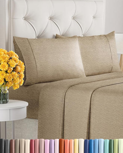 Cal King Size 4 Piece Sheet Set - Comfy Breathable & Cooling Sheets - Hotel Luxury Bed Sheets for Women & Men - Deep Pockets, Easy-Fit, Soft & Wrinkle Free Sheets - Heathered Beige Oeko-Tex Bed Sheets - LeafyLoom
