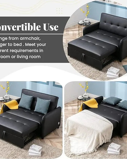3 in 1 Convertible Sleeper Sofa, Modern Faux Leather Futon Loveseat Couch Pullout Dual USB Ports and Pillows, Love Seat Lounge Sofá Bed for Living Room Small Space, Brown 51.5" - LeafyLoom