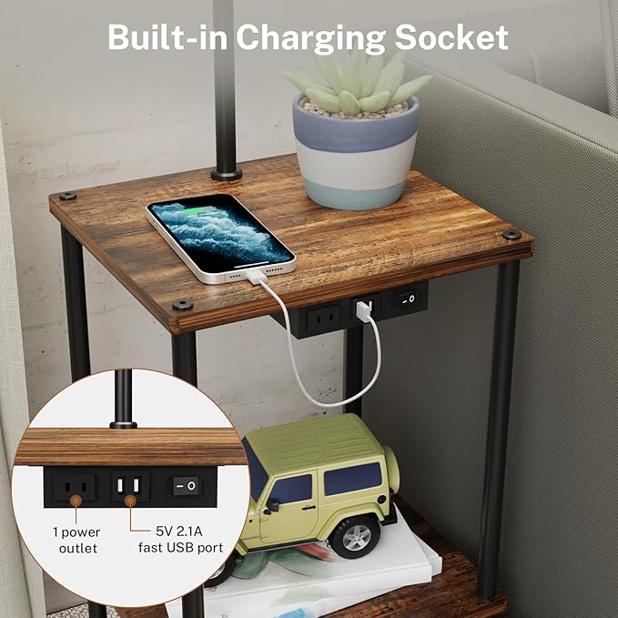 Floor Lamp with Table and Drawer - Floor Lamps for Living Room Bedroom, and Office - Night Stand with Charger Station for Living Room with USB & AC Ports - Side Table Lamp Nightstand Lamp - LeafyLoom