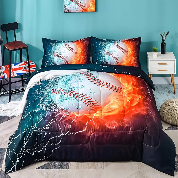 Andency Baseball Comforter Full (79x90 Inch), 3 Pieces(1 Baseball Comforter, 2 Pillowcases) 3D Microfiber Sport Baseball Comforter Set for Boy Kids Teens - LeafyLoom