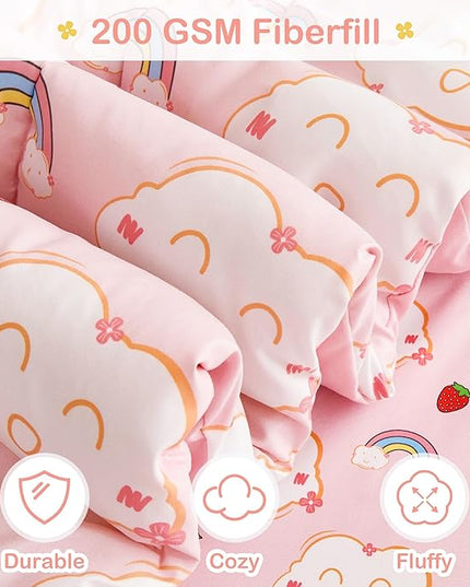 Mooreeke Bed in a Bag for Kids Girls Teens, 7 Pieces Full Size Comforter Bed Set with Shams, Sheet Set, Rainbow Cloud Strawberry Pink Super Soft Microfiber Kids Comforter Bedding Set - LeafyLoom