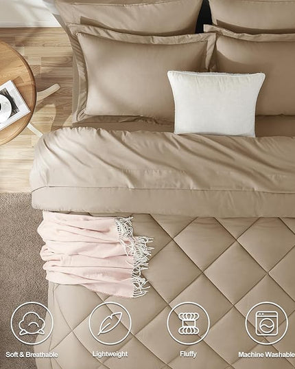 CozyLux Queen Comforter Set with Sheets 7 Pieces Bed in a Bag Taupe All Season Bedding Sets with Comforter, Pillow Shams, Flat Sheet, Fitted Sheet and Pillowcases - LeafyLoom