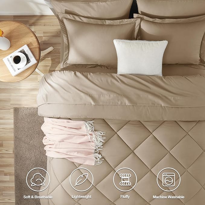 CozyLux King Comforter Set with Sheets 7 Pieces Bed in a Bag Taupe All Season Bedding Sets with Comforter, Pillow Shams, Flat Sheet, Fitted Sheet and Pillowcases - LeafyLoom