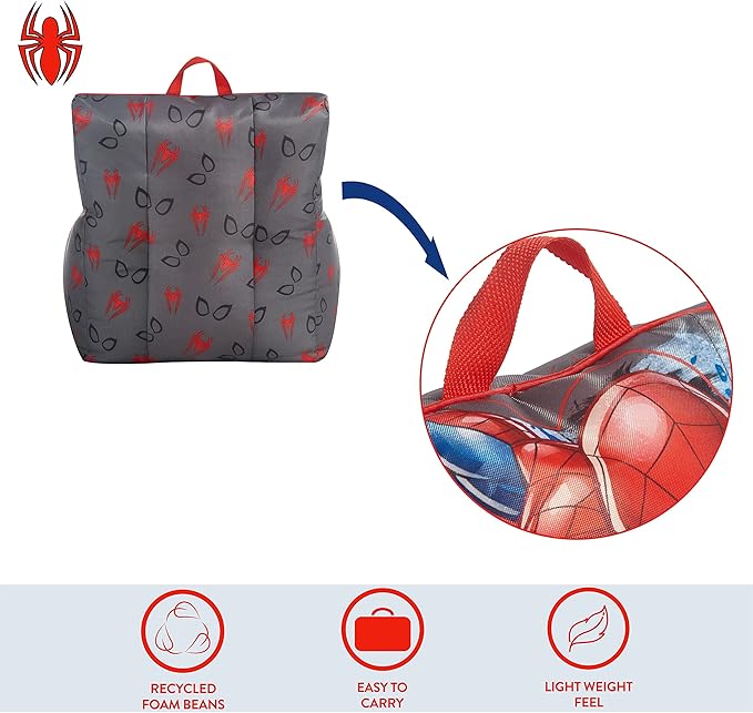 Idea Nuova Marvel Spiderman Toddler Nylon Bean Bag Chair with Piping & Top Carry Handle, Large - LeafyLoom
