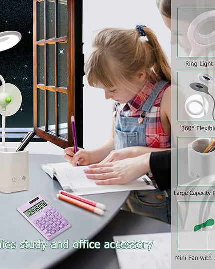 Led Desk Lamps, Small Cute Desk Lamp with 3 Lighting Modes, Modern Desk Ring Night Light with Pen Holder and Green Mini Fan for Home Office Bedroom - LeafyLoom