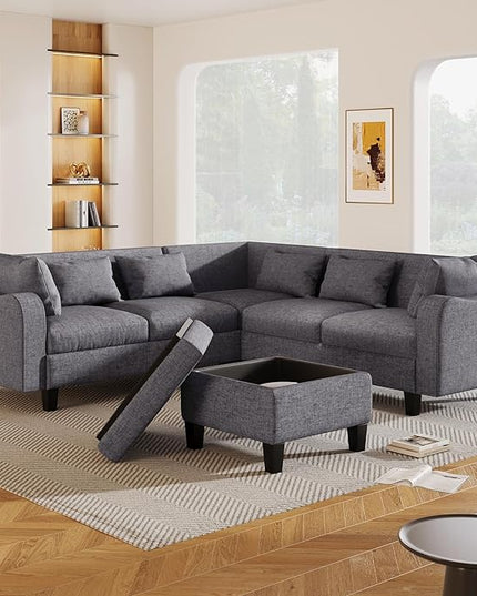 Modern L-Shaped Couch with Coffee Table & 6 Pillows, 6-Seat Sectional Sofa Set with Storage Ottoman & Unique Curved Armrest, Convertible 5-Seat Indoor Furniture for Living Room, Apartment - LeafyLoom