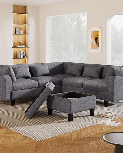 Modern Sectional Sofa with pillows, coffee table,6-Seat Couch Set w/Storage Ottoman,Various Combinations,L-Shape Indoor Furniture with Unique Armrests for Living Room,Apartment, Ushaped Gray - LeafyLoom