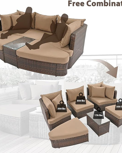 6-Piece Patio Round Sofa Set Rattan Daybed with Coffee Table and Cushions, Outdoor Furniture Conversation Sectional Seating Group for Garden, Poolside, Backyard, Brown - LeafyLoom