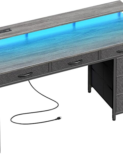 Gaming Desk with 6 Drawers, Computer Desk with LED Lights Power Outlets and Type-C, 47 Inch Office Desk with Storage, Monitor Stand, Writing Desk Work Desk for Home Office, Bedroom, Study, Grey - LeafyLoom