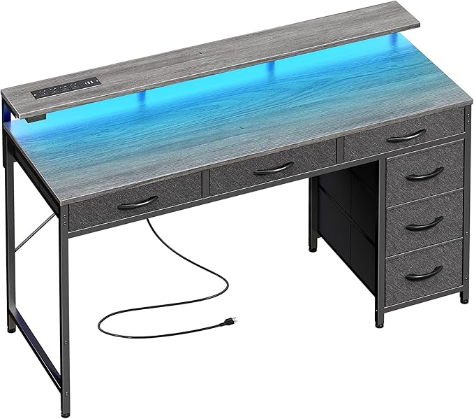 Gaming Desk with 6 Drawers, Computer Desk with LED Lights Power Outlets and Type-C, 47 Inch Office Desk with Storage, Monitor Stand, Writing Desk Work Desk for Home Office, Bedroom, Study, Grey - LeafyLoom