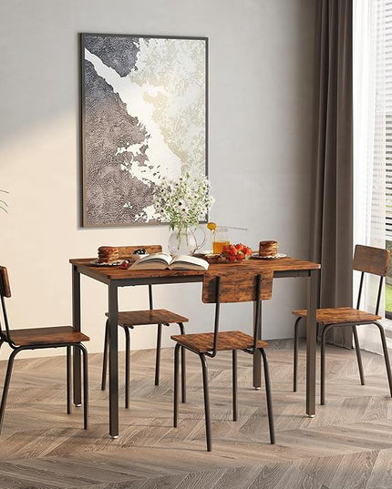 Dining Table Set for 4, 5-Piece Set Industrial Metal Wood 43.3" Kitchen Dining Table with 4 Dining Chairs, Indoor Modern Furniture Set for Dining Room, Dinette, Breakfast Nook, Rustic Brown - LeafyLoom