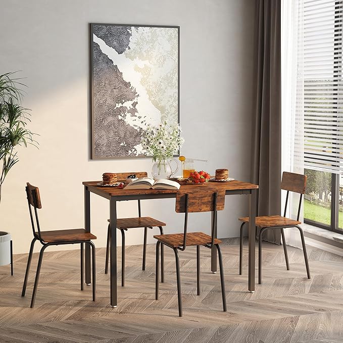 Dining Table Set for 4, 5-Piece Set Industrial Metal Wood 43.3" Kitchen Dining Table with 4 Dining Chairs, Indoor Modern Furniture Set for Dining Room, Dinette, Breakfast Nook, Rustic Brown - LeafyLoom