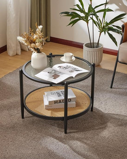 VINGLI 25.6" Black Rattan Coffee Table, Round Water-wave Glass Metal Center Table, Modern Coffee Tbale with 2-Tier Storage, Farmhouse Circular Coffee table for Living Room and Small Space - LeafyLoom
