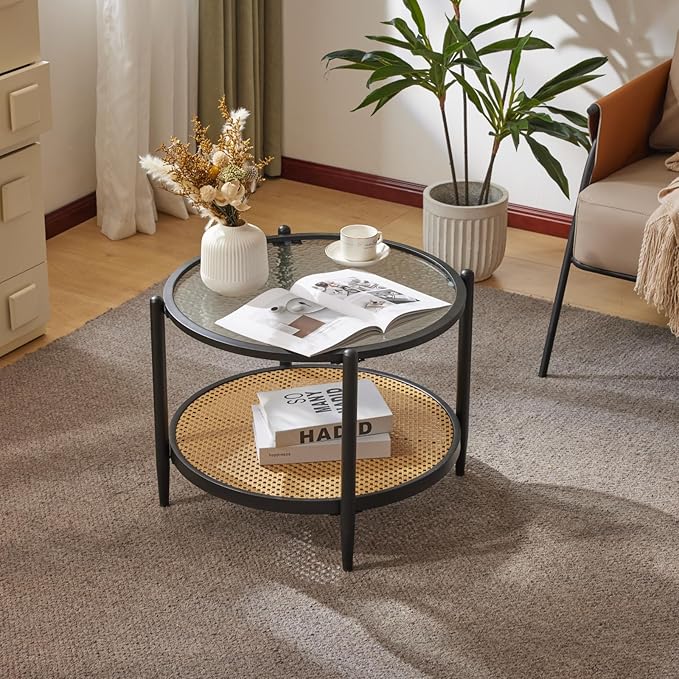 VINGLI 25.6" Black Rattan Coffee Table, Round Water-wave Glass Metal Center Table, Modern Coffee Tbale with 2-Tier Storage, Farmhouse Circular Coffee table for Living Room and Small Space - LeafyLoom