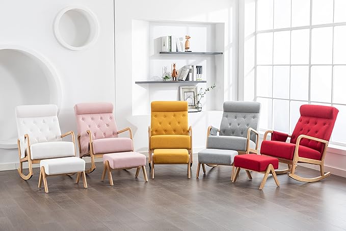 Armchair with Ottoman, Mid-Century Upholstered Accent Nursery, Glider Rocker Thick Cushion, Comfy Indoor Leisure Lounge Living Room, Bedroom, Office, Rocking Chair, Gray - LeafyLoom