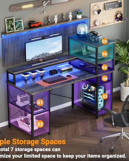 Cyclysio Gaming Desk with LED Light, 47 inch Computer Desk with Storage Shelves, Adjustable Home Office Desk with Power Outlets, Computer Gaming Desk with Long Monitor Stand for Small Space, Grey - LeafyLoom