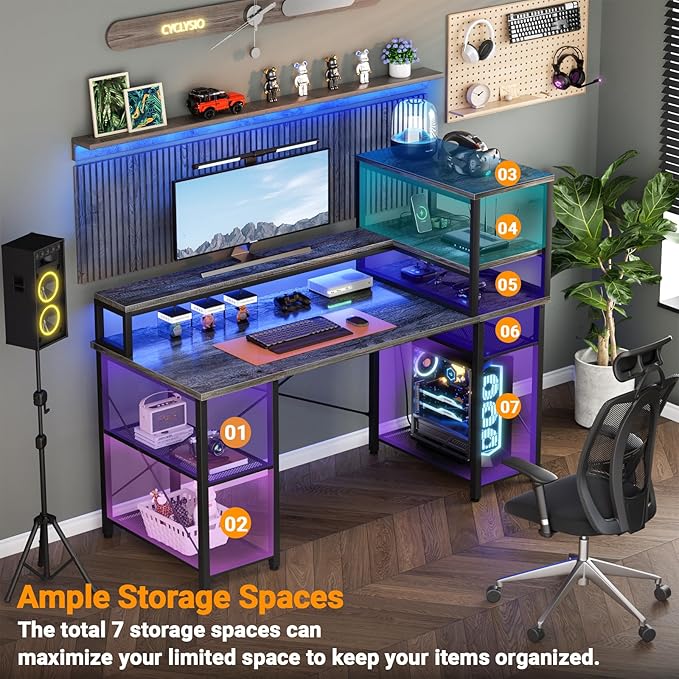 Cyclysio Gaming Desk with LED Light, 47 inch Computer Desk with Storage Shelves, Adjustable Home Office Desk with Power Outlets, Computer Gaming Desk with Long Monitor Stand for Small Space, Grey - LeafyLoom