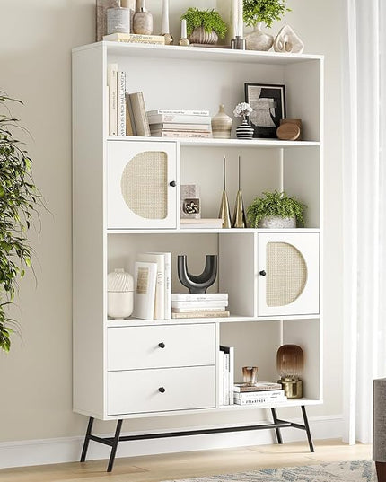 Soohow 4 Shelf Bookcase and Bookshelves with Drawer, 65” Tall Bookcases with Storage Shelves, Bookshelves and Bookcases with Rattan Cabinet and Metal Legs for Home Office, Living Room and Bedroom. - LeafyLoom