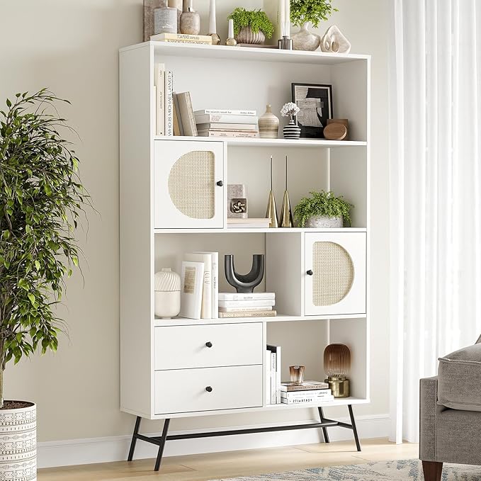 Soohow 4 Shelf Bookcase and Bookshelves with Drawer, 65” Tall Bookcases with Storage Shelves, Bookshelves and Bookcases with Rattan Cabinet and Metal Legs for Home Office, Living Room and Bedroom. - LeafyLoom
