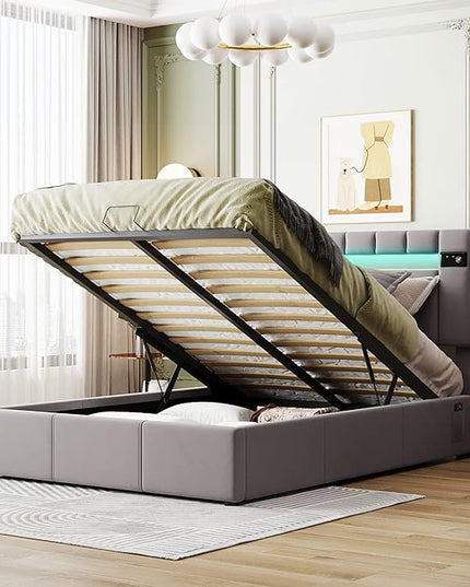 Upholstered Bed Full Size with LED light, Lift Up Storage with Bed Bluetooth Player and USB Charging, Hydraulic Storage Bed with Sturdy Slat Support, Velvet Fabric Bedframe for Kids, Adults - LeafyLoom