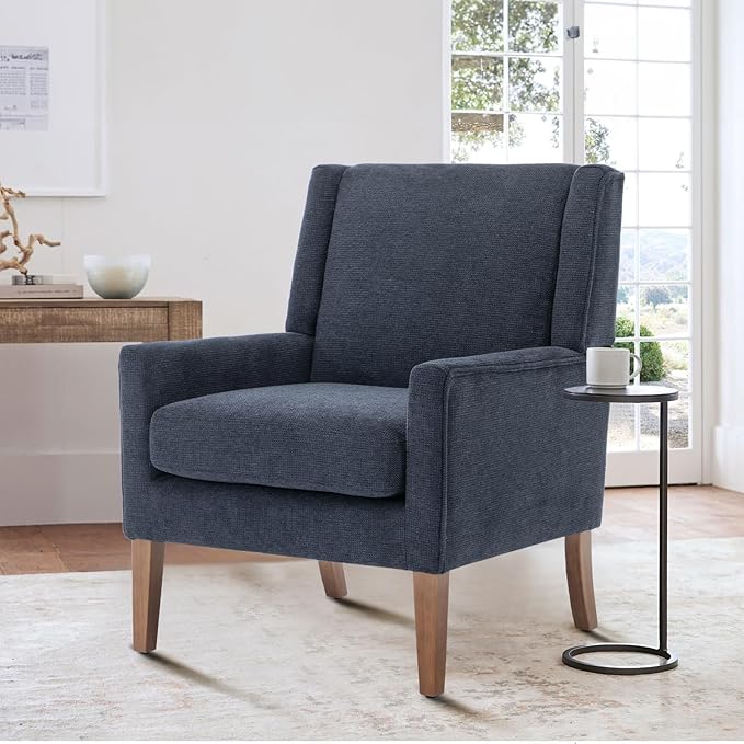 COLAMY Modern Wingback Living Room Chair, Upholstered Fabric Accent Armchair, Single Sofa chair with Lounge Seat and Wood Legs for Bedroom/Office/Reading Spaces, Blue - LeafyLoom