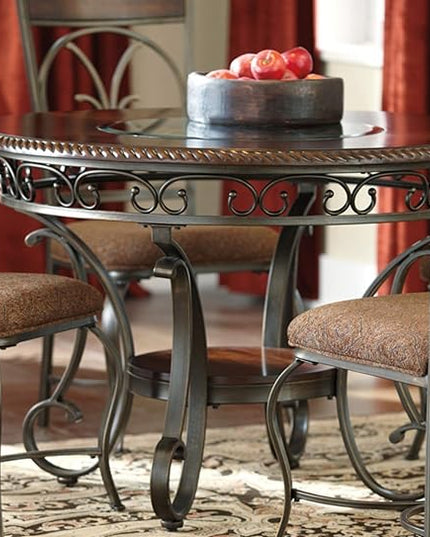 Signature Design by Ashley Glambrey Old World 45" Round Glass Top Dining Table, Brown - LeafyLoom