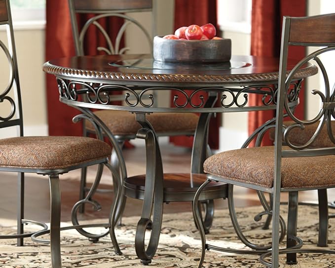 Signature Design by Ashley Glambrey Old World 45" Round Glass Top Dining Table, Brown - LeafyLoom
