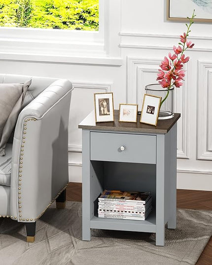 ChooChoo Nightstand with Charging Station, Wooden Top Bedside Table with Drawer and Storage Space for Bedroom, Grey - LeafyLoom