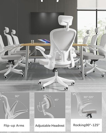 Ergonomic Office Chair Home Desk Office Chair with Flip-Armrest & Cushion for Lumbar Support, high Back Computer Chair with Thickened Cushion Desk Chairs Ngray - LeafyLoom
