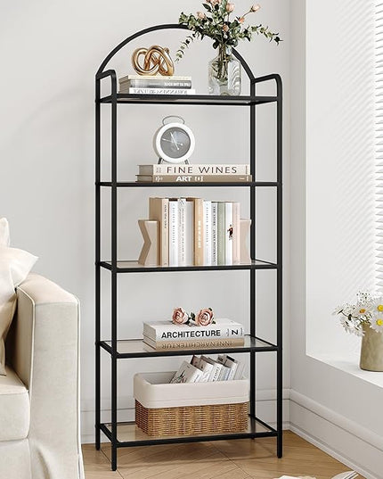 Bookcase Bookshelf, Tempered Glass Bookshelves, Slim Shelving Unit for Bedroom, Bathroom, Home Office, Steel Frame, 5 Tier Black BC21599B - LeafyLoom