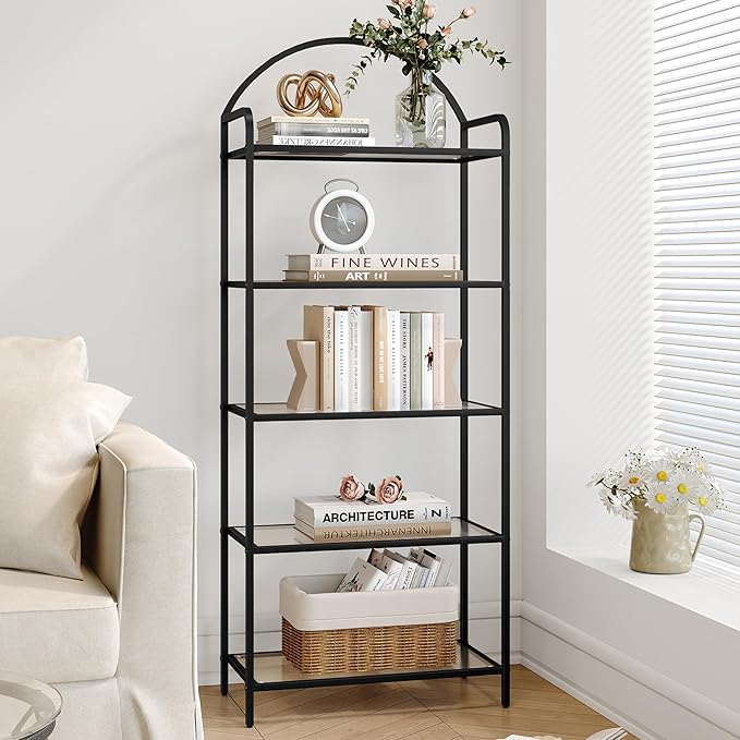 Bookcase Bookshelf, Tempered Glass Bookshelves, Slim Shelving Unit for Bedroom, Bathroom, Home Office, Steel Frame, 5 Tier Black BC21599B - LeafyLoom