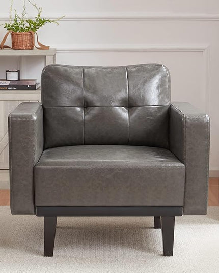 Mid-Century Modern Leather Accent Chair, Fabric Armchair for Living Room, Oversized Upholstered Single Sofa Chair for Bedroom Office Study, Comfy Accent Chairs with Wood Legs, Grey, 1 Pack - LeafyLoom