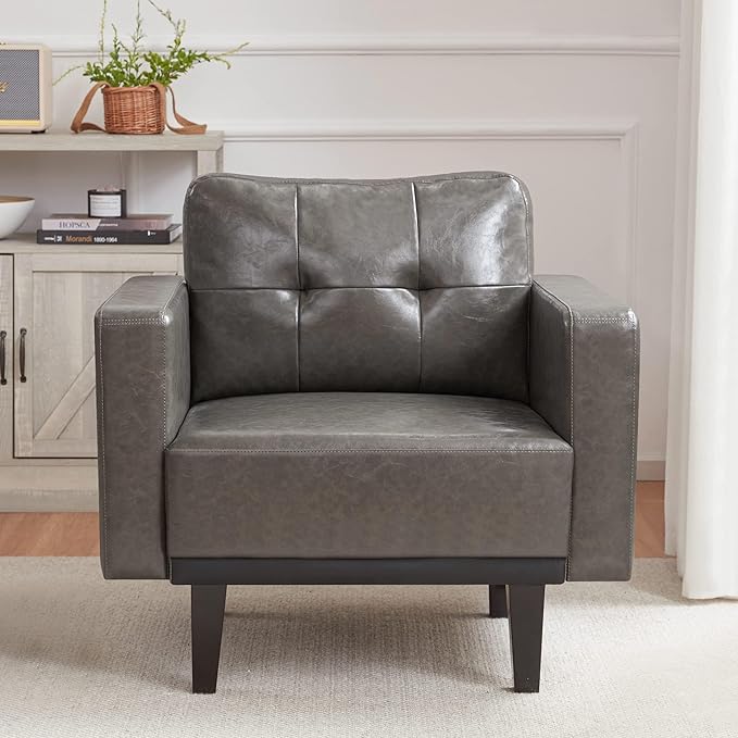 Mid-Century Modern Leather Accent Chair, Fabric Armchair for Living Room, Oversized Upholstered Single Sofa Chair for Bedroom Office Study, Comfy Accent Chairs with Wood Legs, Grey, 1 Pack - LeafyLoom