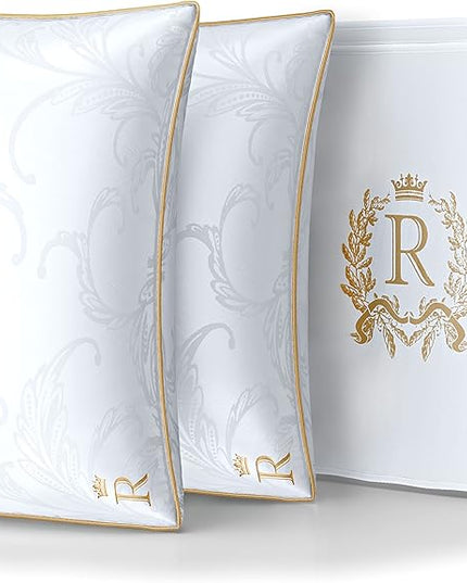 Royal Therapy Pillows Queen Size Set of 2 - Cooling Pillow, Side Sleeper Pillow - Adjustable Alternative Down Pillow, Bed Pillows, Sophisticated Design & Gold Piping - LeafyLoom
