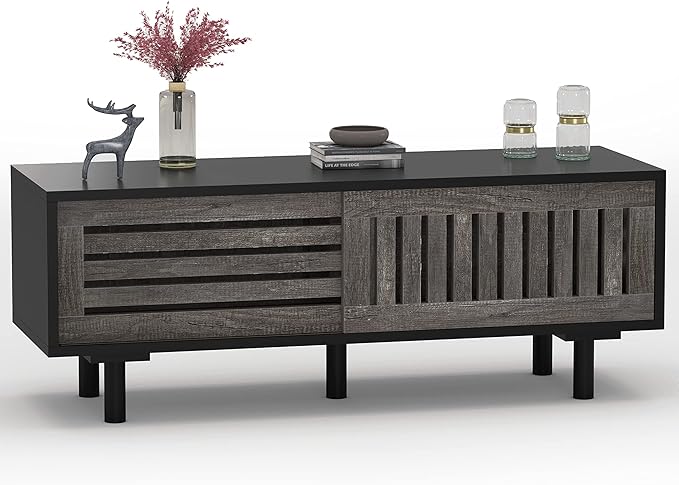Mid-Century Modern TV Stand, Glossy Black TV Console with Sliding Doors,TV Console with Large Storage, Entertainment Center with Sturdy Solid Wood Legs, Living Room&Bedroom, Gray&Black - LeafyLoom