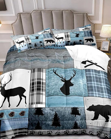 LUVIVIHOME 3PCS Rustic Cabin Comforter Set Queen Size, Farmhouse Bedding, Black Bear Deer Elk Moose Forest Animal Wildlife Hunting Country Lodge Blue Buffalo Plaid Patchwork Quilt, 2 Pillow Shams - LeafyLoom