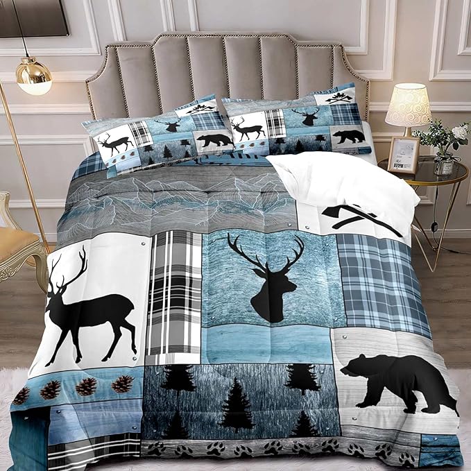 LUVIVIHOME 3PCS Rustic Cabin Comforter Set Queen Size, Farmhouse Bedding, Black Bear Deer Elk Moose Forest Animal Wildlife Hunting Country Lodge Blue Buffalo Plaid Patchwork Quilt, 2 Pillow Shams - LeafyLoom