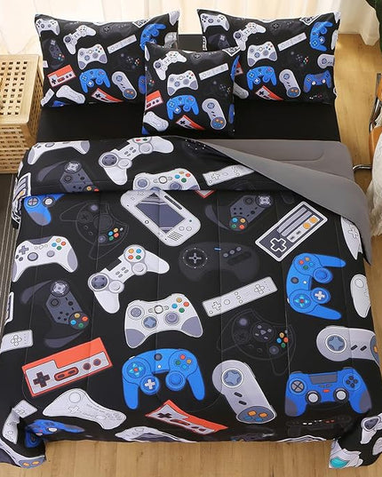 JQinHome Queen Gamer Comforter Set for Boys,6 Piece Bed in A Bag 3D Video Game Bedding -All Season Soft Microfiber Down Alternative Comforter Gamer Bedding Sets for Kids(Gamepad Collection) - LeafyLoom